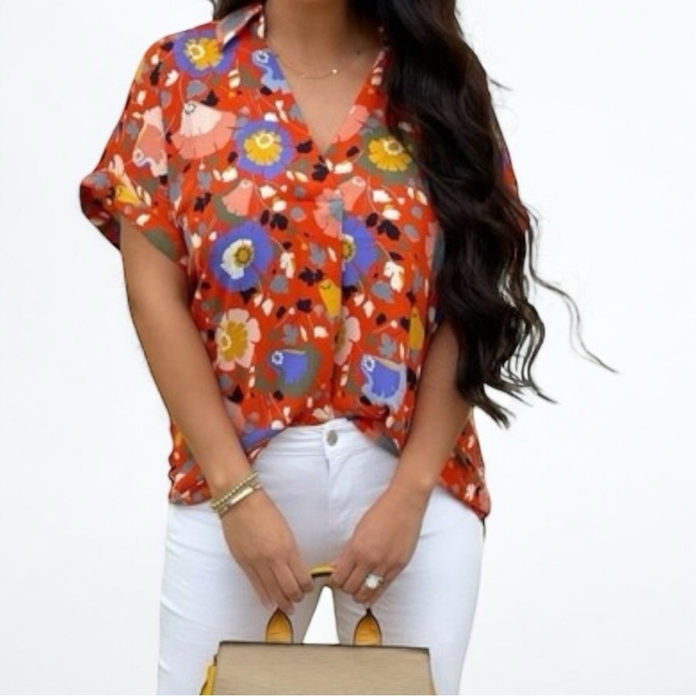Cabi Replay Orange Floral V Neck Short Sleeve Oversized Blouse Size XS